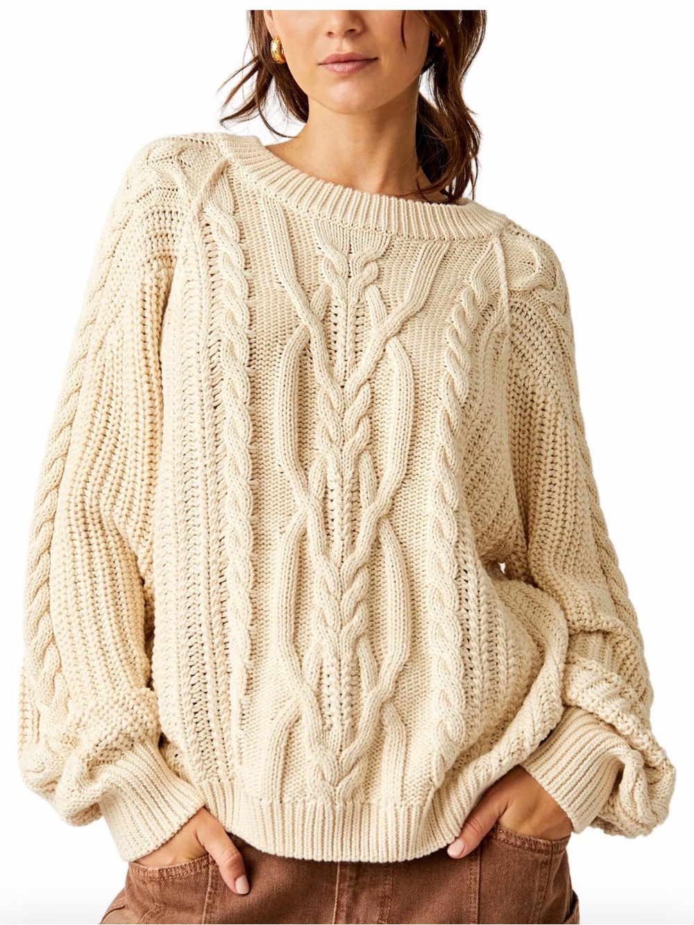 Free People Chunky Cable-Knit Crew Sweater in Cream